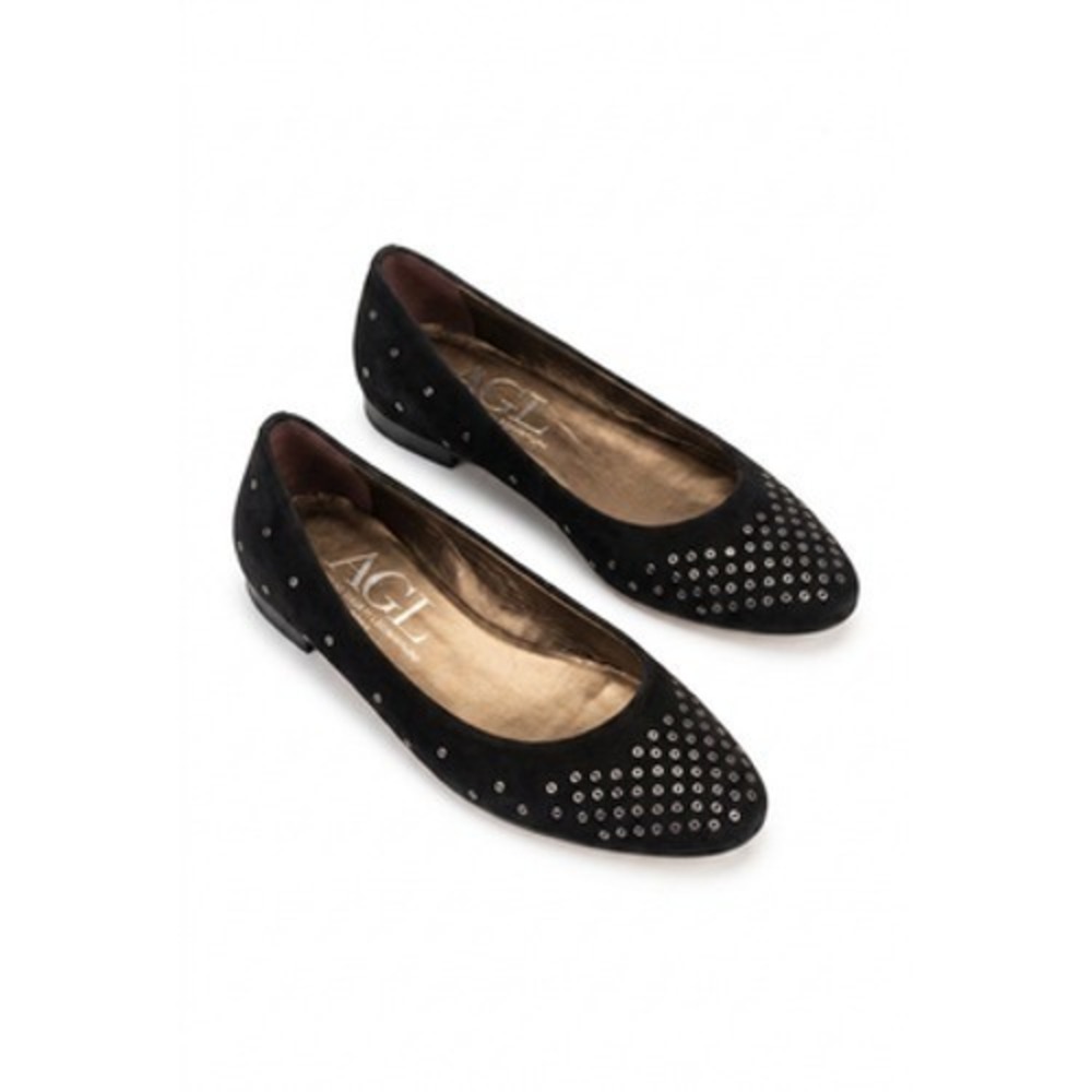 AGL Ballet Flat Shoes Women 9.5 Black Suede Studded Almond‎ Toe Comfort